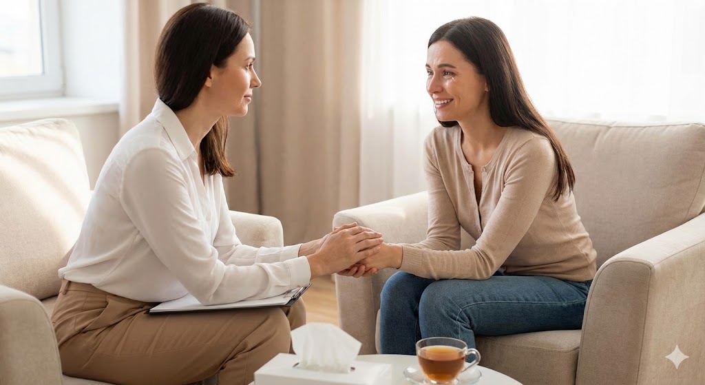 Mãe sendo ouvida na clínica